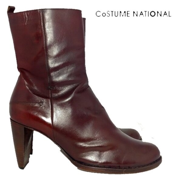 CNC Costume National Zip Up Luxury Runway burgundy 70’s calf leather Boots - Picture 1 of 10